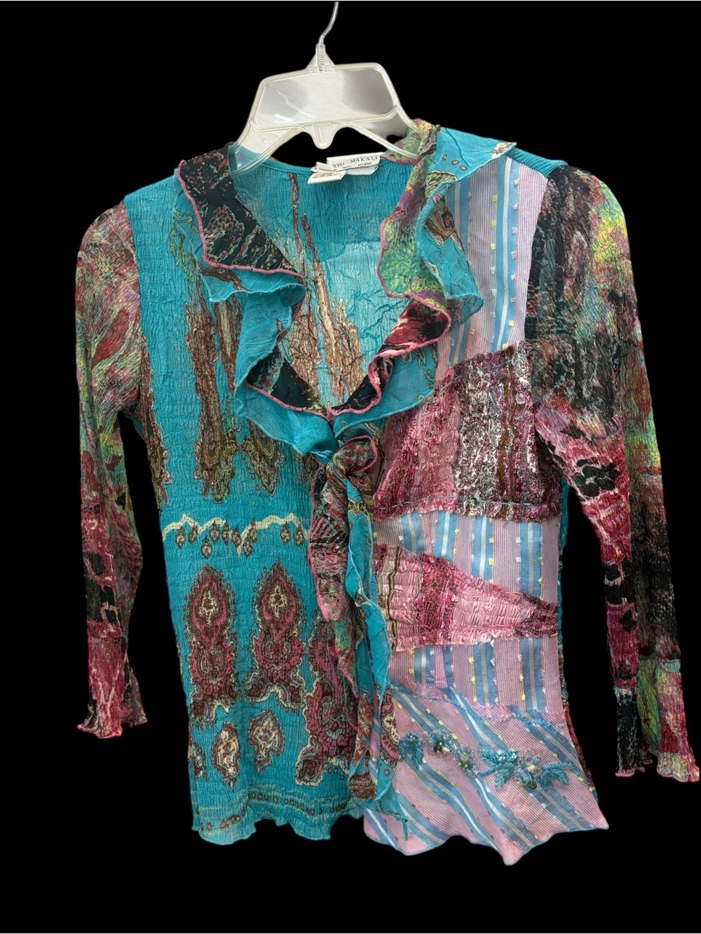 Alberto Makali Patchwork Ruffle Blouse Turquoise Pink Y2K Small S